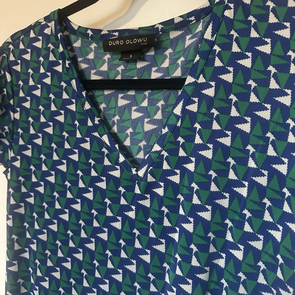 DURO olowu Geometric Dress LINED green Blue Mod Small Swing Dress‎ Ruffle